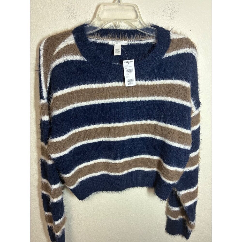 NWT Full Tilt Knit Sweater Shaggy Retro Y2K Boxy Oversized Winter Blue Sz Large